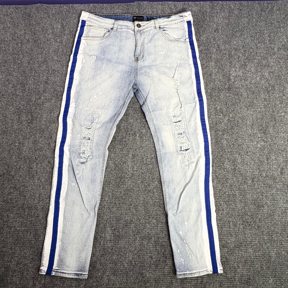 WAIMEA Men's Skinny Fit Jeans Light Wash 38x32 Distressed Denim Stretch